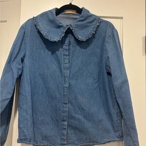 Blue Denim Button-Up Shirt with Ruffled Collar